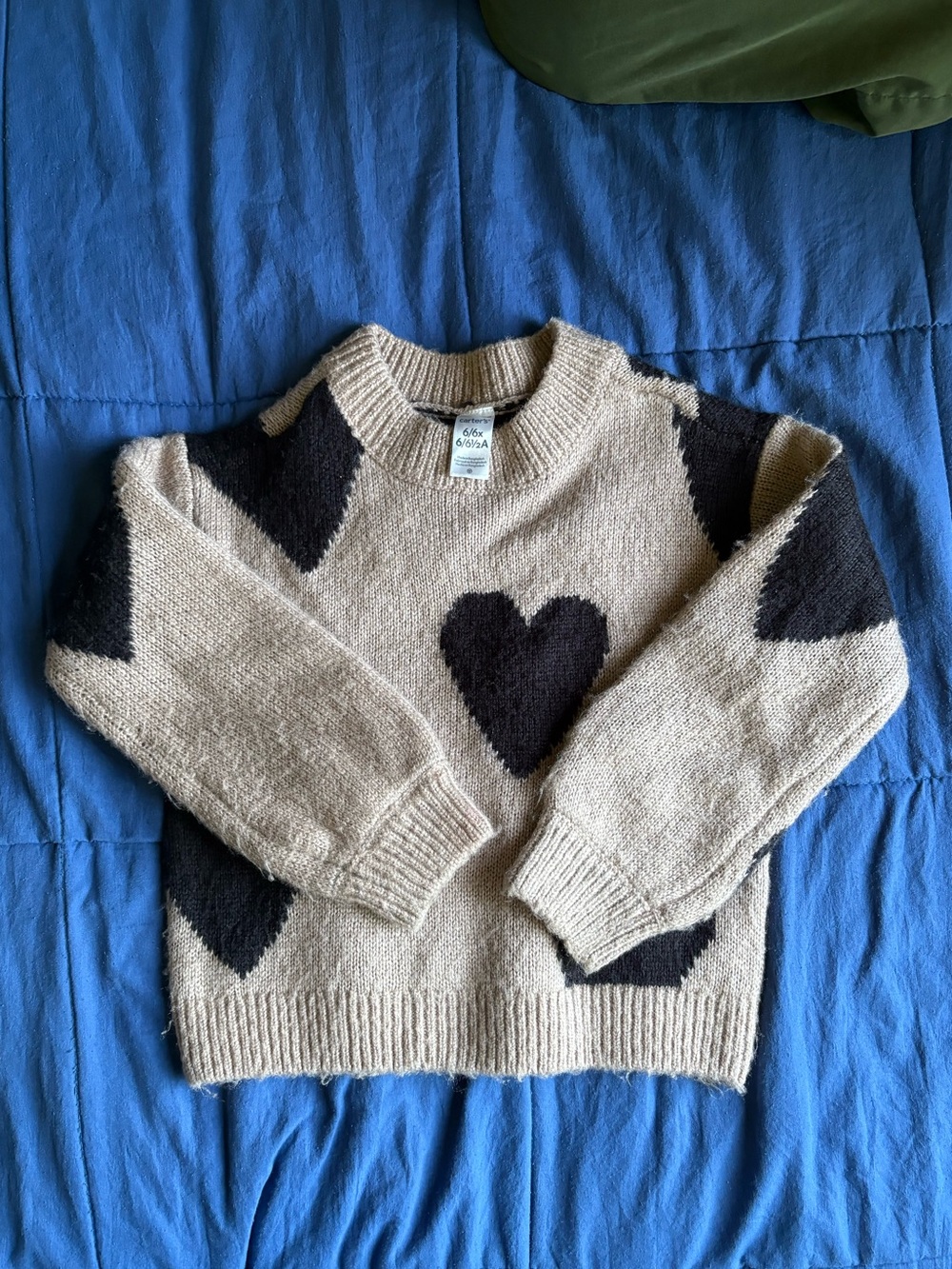 Carter's Beige Knit Sweater with Black Heart Motifs